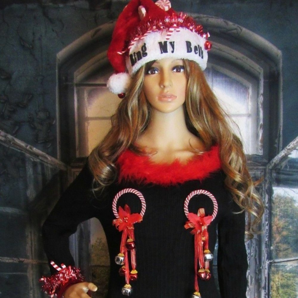 Upcycled Ugly Naughty Christmas Sweater Ring My Bells Hat and Handbag